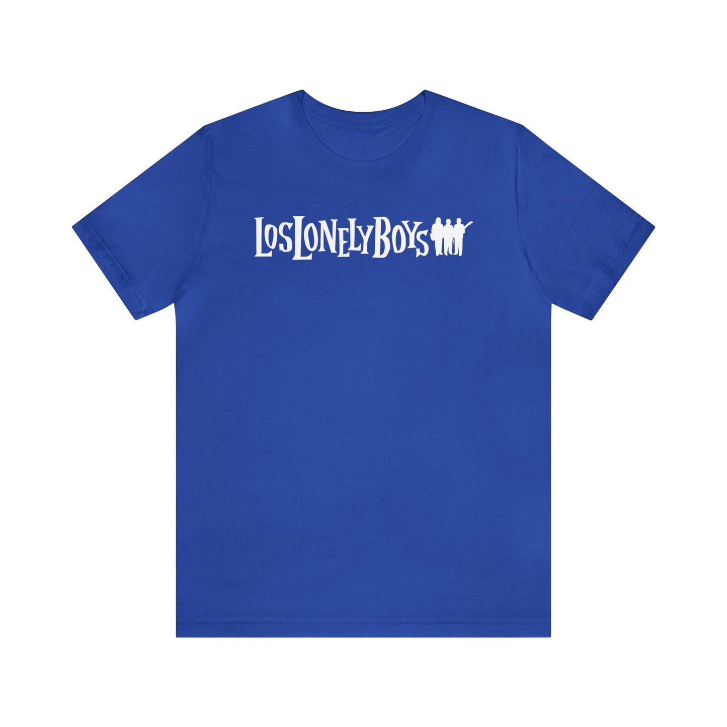 Blue short sleeve shirt with white Los Lonely Boys three brothers logo.