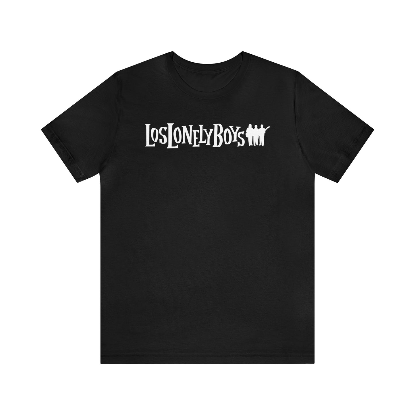 Black short sleeve shirt with white Los Lonely Boys three brothers logo.