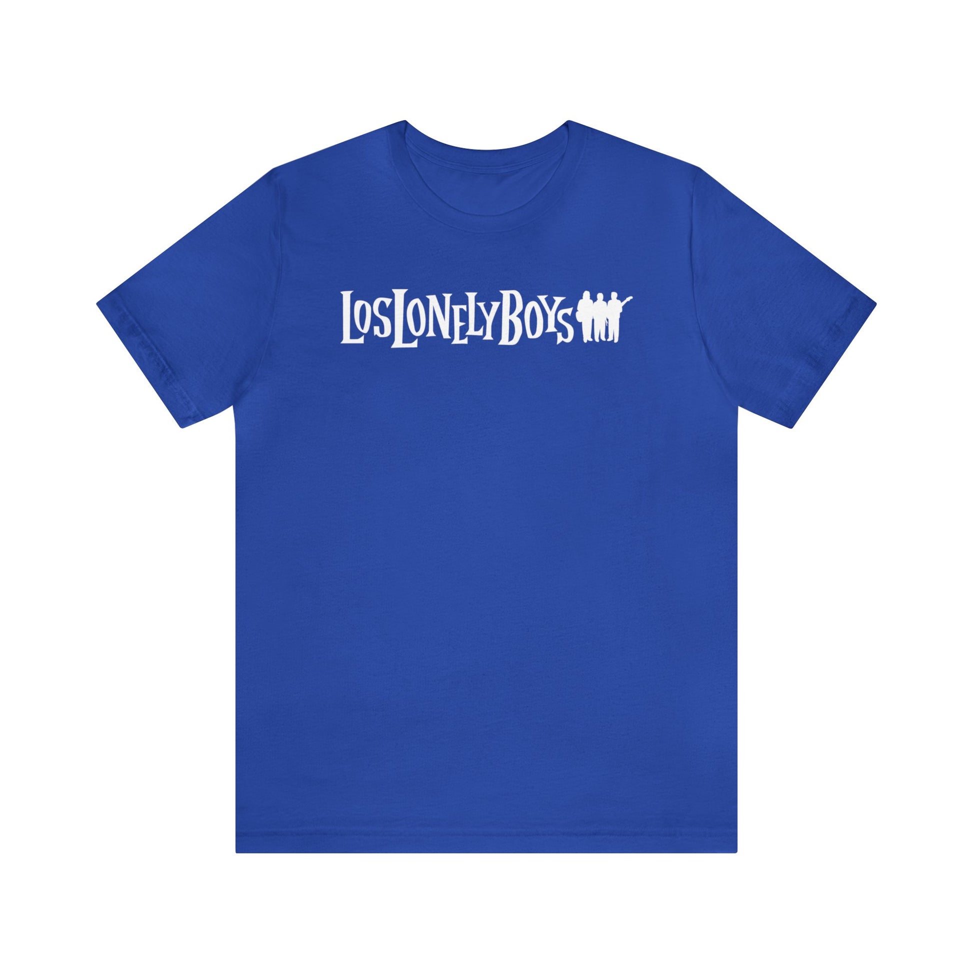 Blue short sleeve shirt with white Los Lonely Boys three brothers logo.