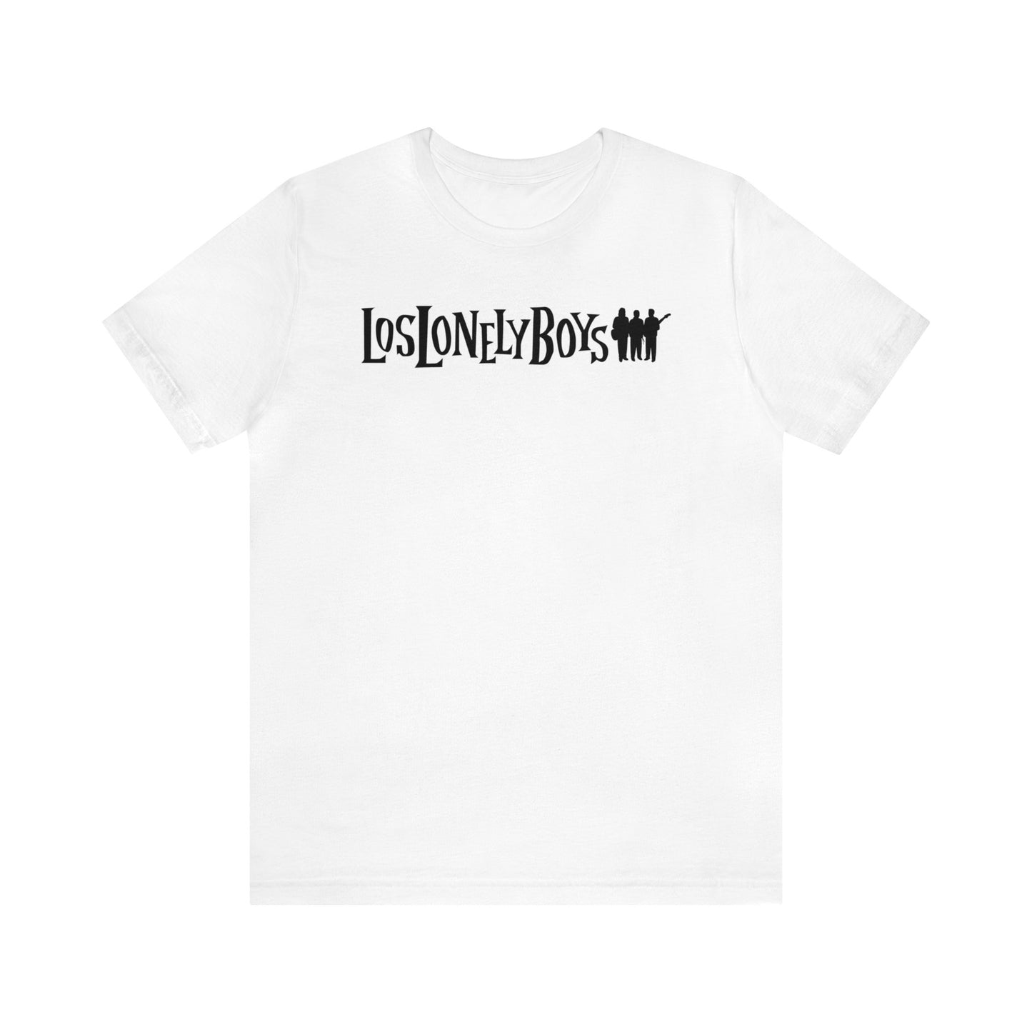 white short sleeve shirt with black Los Lonely Boys three brothers logo. 