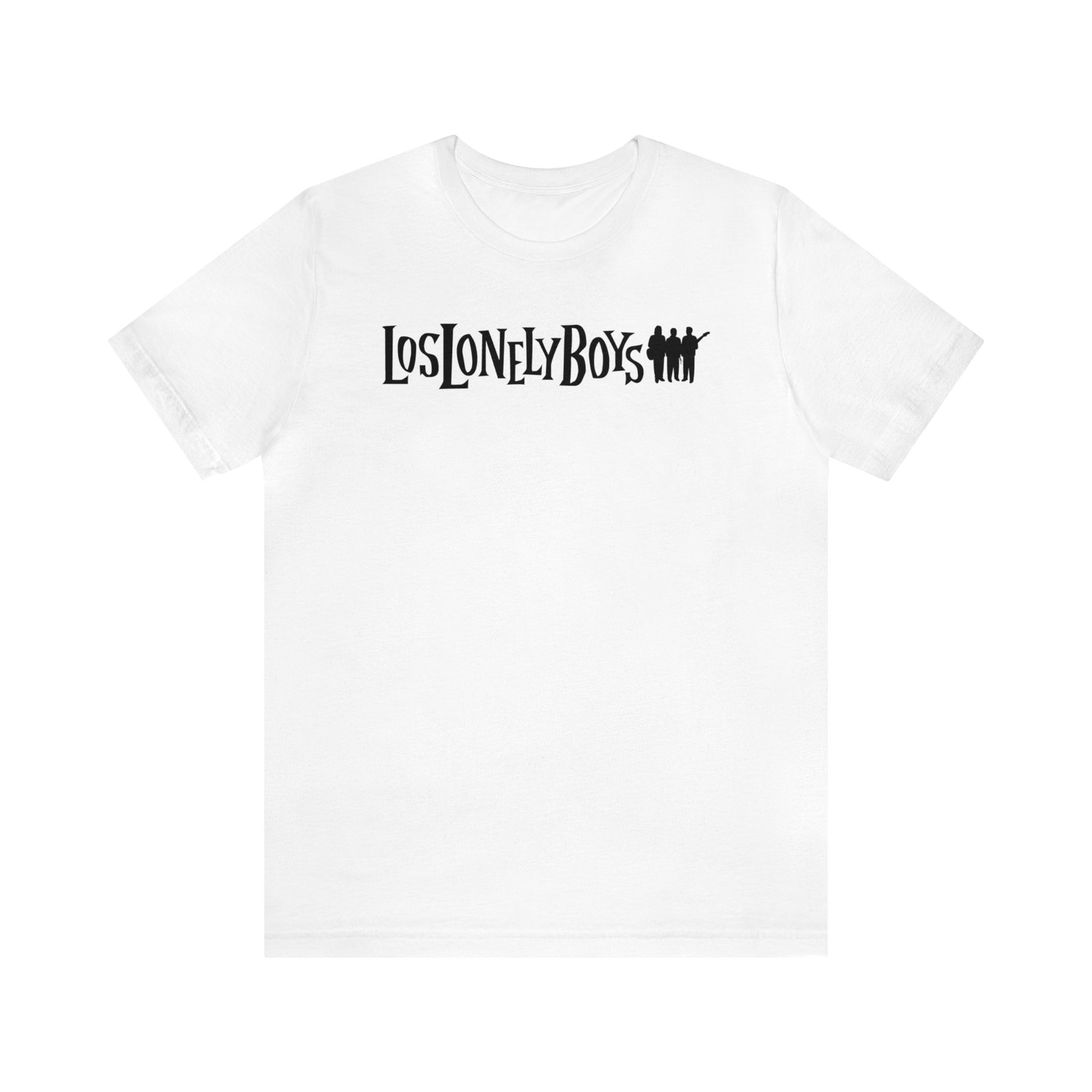 white short sleeve shirt with black Los Lonely Boys three brothers logo. 